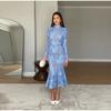 Ladies' Perspective Lace Hollow Belt Long Sleeve Fishtail Dress Solid Color Lace Decorative Elegance Ladies' Long Sleeve Dress Spring Autumn New Style
