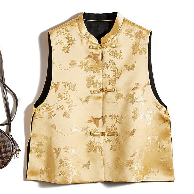 

Flowers and Grass Dark Lines Hot Dyeing! Two-Color Double Purpose Small Stand Collar Single-Breasted I-Shaped Satin Poplin Cotton Vest Women New Gold + Black L