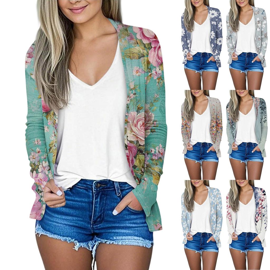 Women's Loose Casual Vintage Floral Print Long Sleeve Top Cardigan