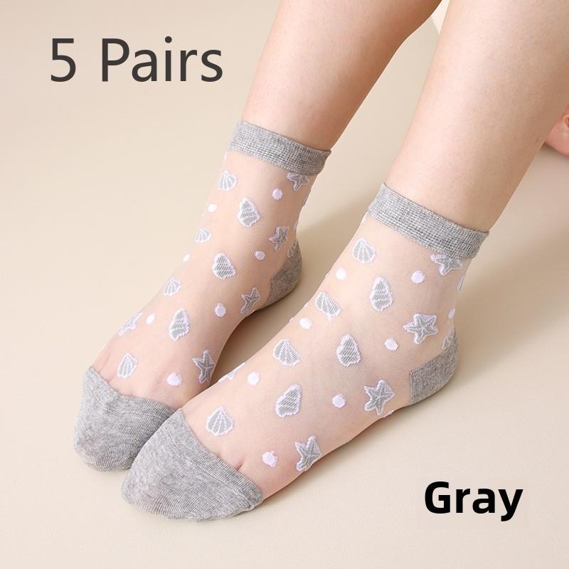 5 Pairs Women's Summer Thin Glass Fiber Midtube Socks Starfish Crystal Caisson Stockings