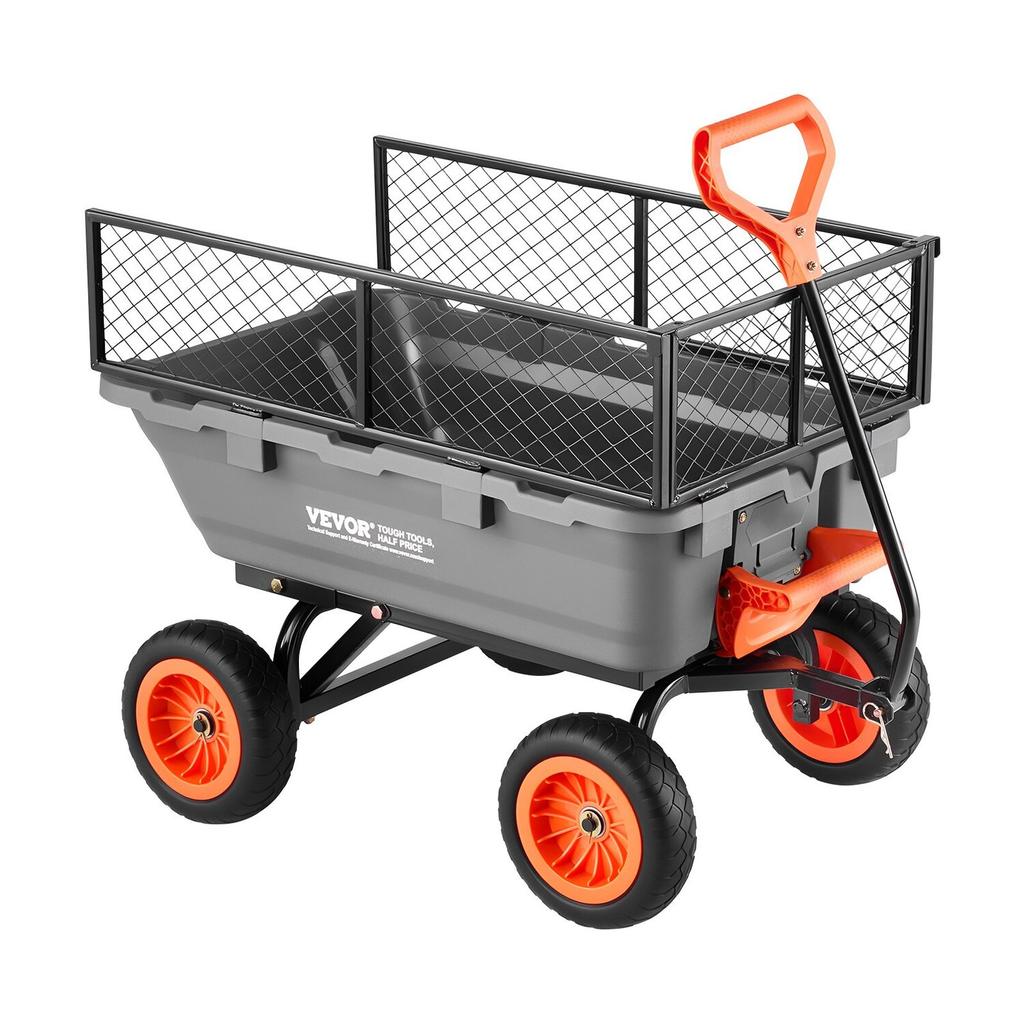 Garden Dump Cart, 362 kg Poly Dump Cart, Garden Carts Dumps Wagon with Storage Fence, 90° Quick-Dumps Mechanism, 180° Swivel Wheels, 90° Rotating