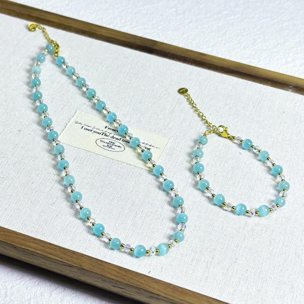 Dreamy Blue Cat's Eye Crystal Beaded Necklace – Elegant Spring/Summer Design