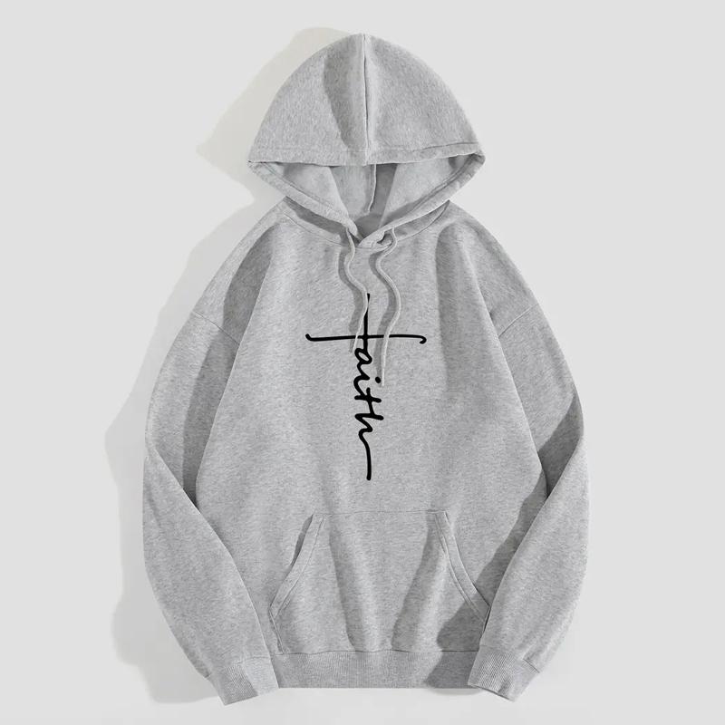 Faith Print Hoodies  Casual Drawstring Long Sleeve KangarooPocket Sweatshirt, Women's Clothing