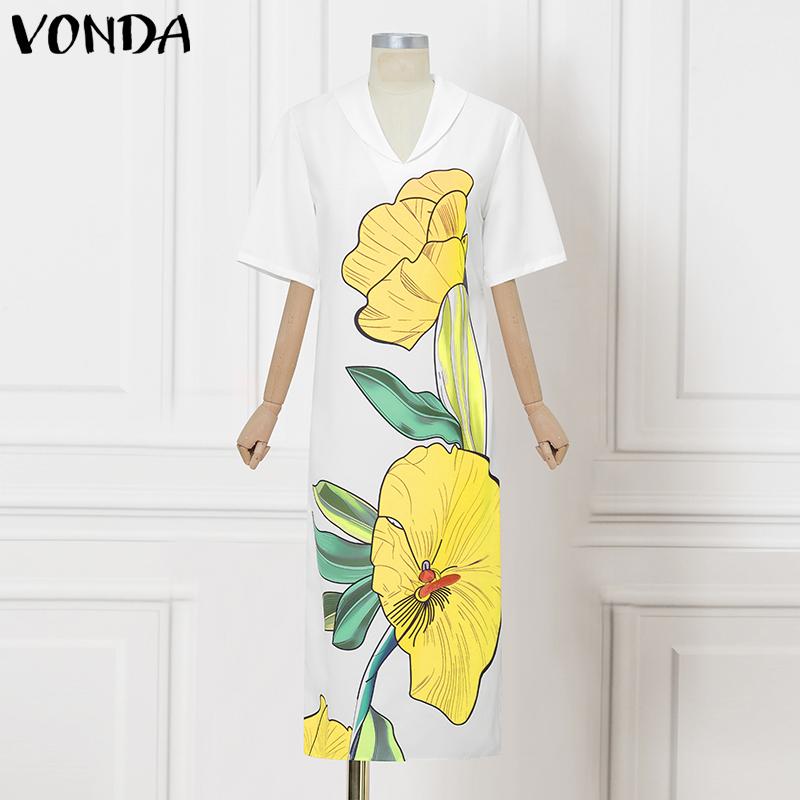 VONDA Summer Women V Neck Half Sleeve Floral Print Back Lace-up Casual Long Dress