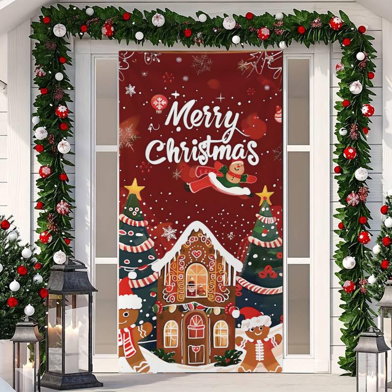 1 ks Veselé Vánoce Kryt na dveře Banner Polyester Vzor Santa Clause pro Štědrý večer Novoroční sváteční párty Vchodové dveře Domácí nástěnná dekorace