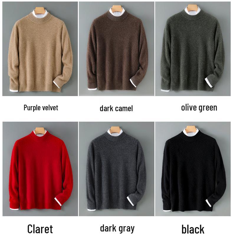 Men's 100% Pure Wool Half-High Collar Thick Knit Pullover Sweater