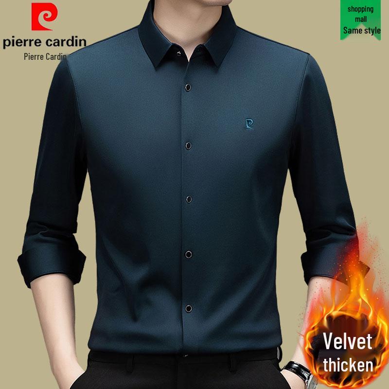 Pierre Cardin Men's Long Sleeve Mulberry Silk Shirt - Iron-Free, Plus Velvet, High-End Business Casual for Autumn/Winter