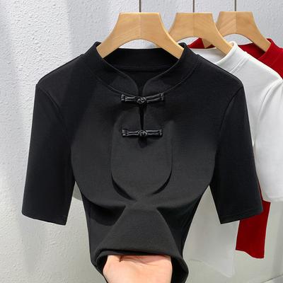 Chinese Style Stand-up Collar Mid-sleeved T-shirt for Women New Women's Solid Color Half-sleeved Cotton T-shirt for New Chinese Style Button Top