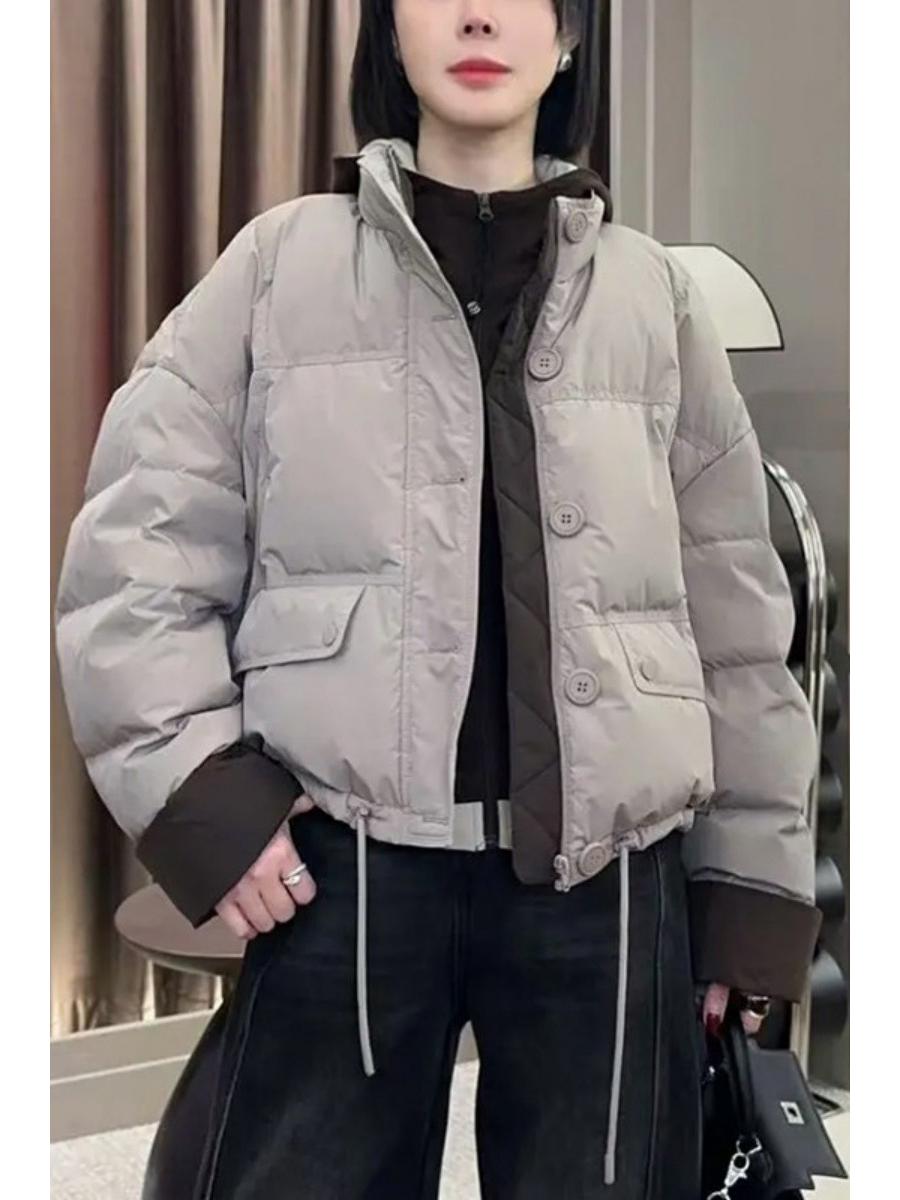 

Женская зимняя куртка 2024 года с цветными блоками, воротником-стойкой, на пуху и хлопке, короткая Medium серый