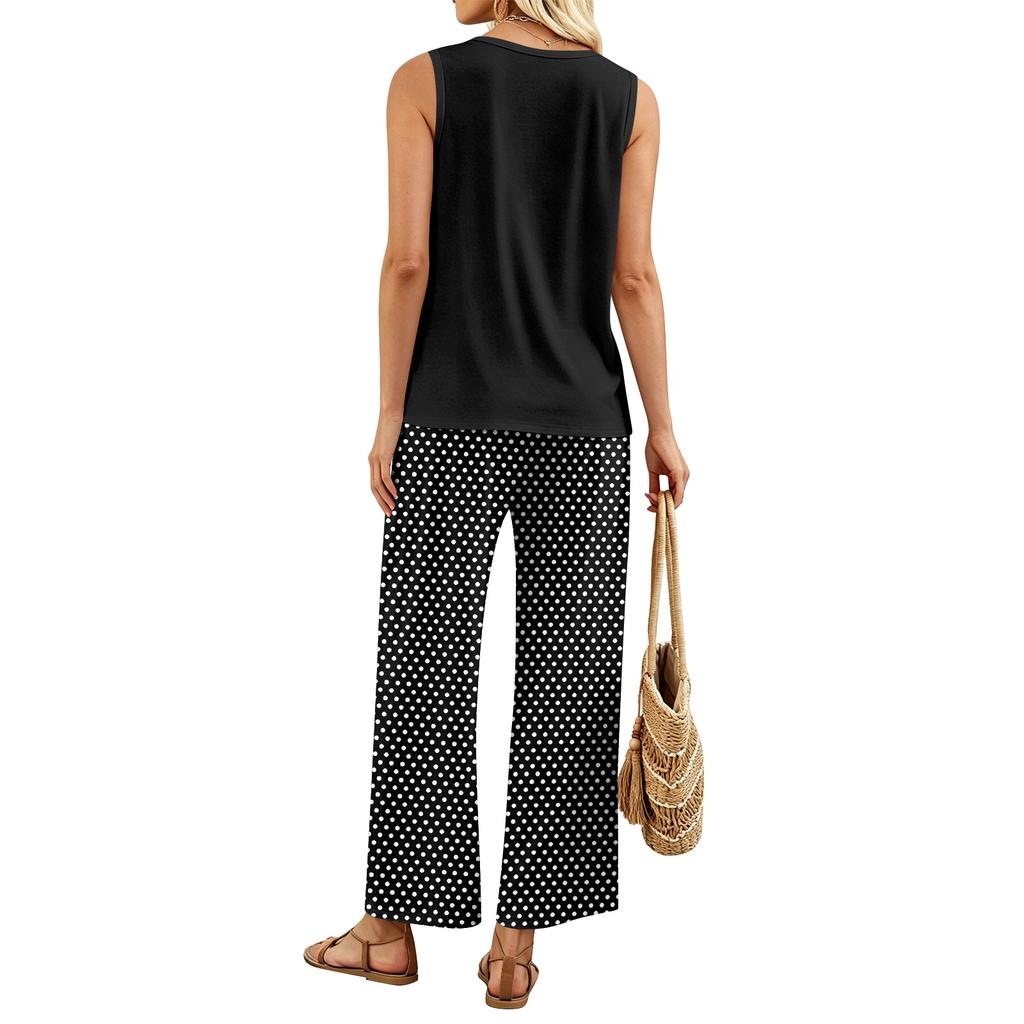 Women Sleeveless Tank Top and Wide Leg Pants Two Piece Set Polka Dot Print Elastic Waist Casual Lounge Wear for Travel Vacation Home