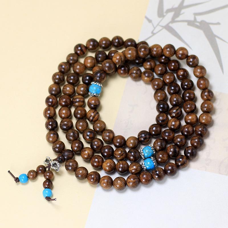 Hand Polished Wood 108 Mala Rosary Bracelet 8mm Turquoise Prayer Beads for Comfortable All Day Wear
