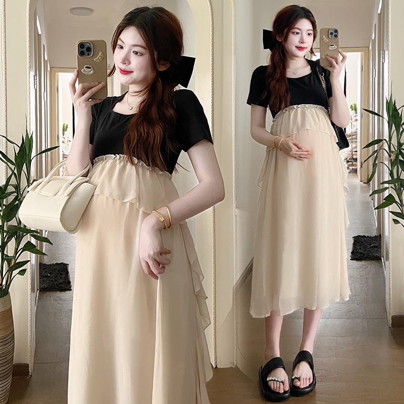 2026 Korean Style Summer Maternity Dress - Sweet, Loose, Patchwork, Fake Two-Piece Design XL