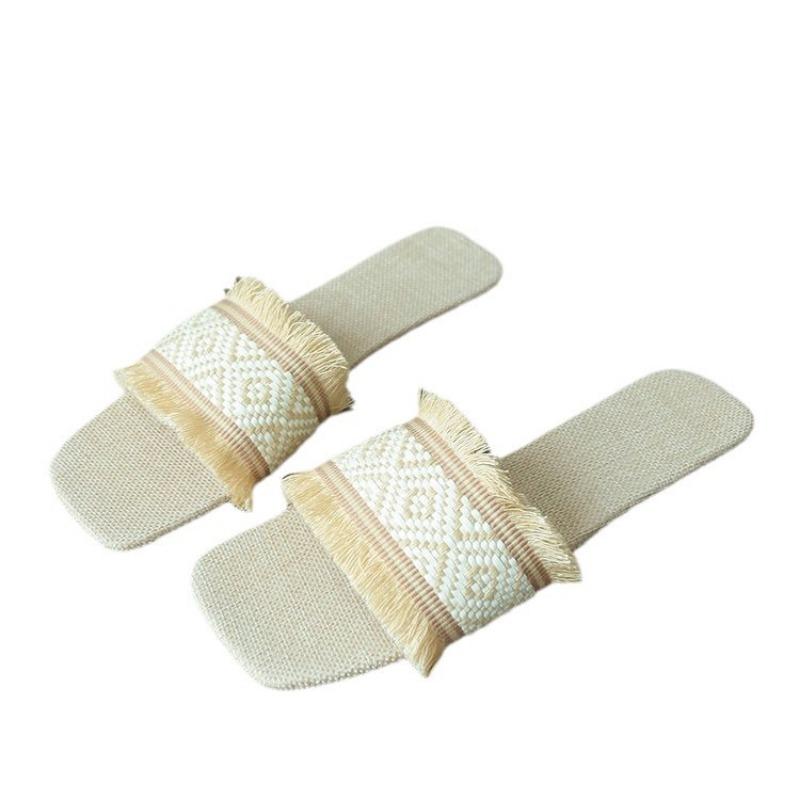 Large size fringed slippers women's summer new square head flat bottom one word casual cool slippers women