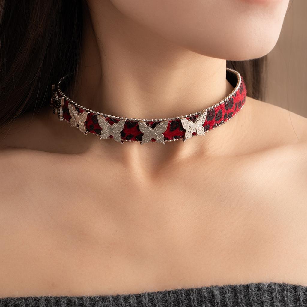 Vintage Sweet Cool Babes Wind Collar Punk Personality Butterfly Leopard Leather Necklace Niche Hip Hop Premium Necklace