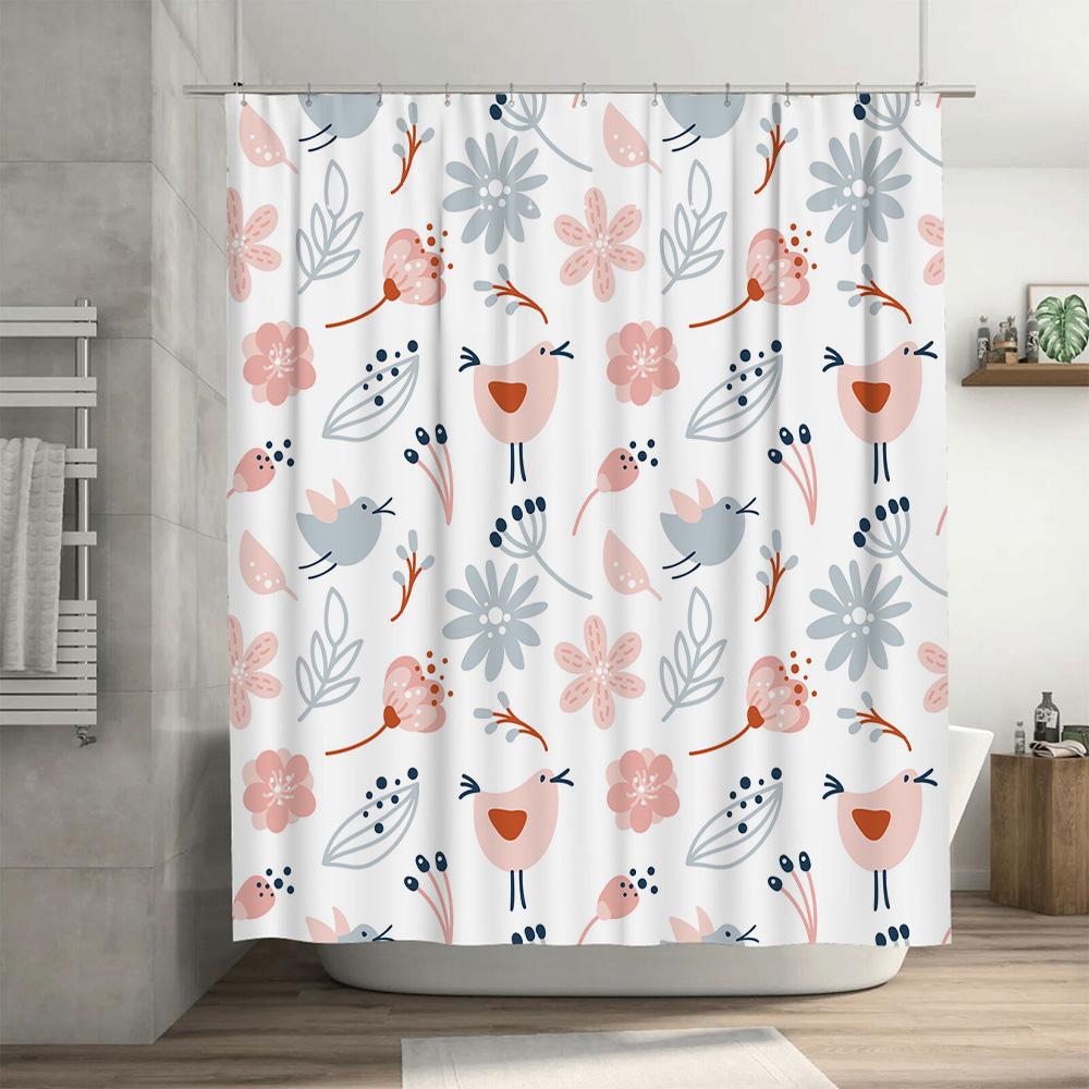 Beautiful Pink Floral Birds Shower Curtain Perfect For Bathroom Decor!