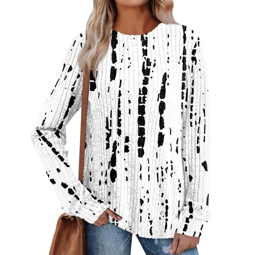 Women's Winter Color-Block Printed Lightweight Brushed-Cotton Round Neck Top