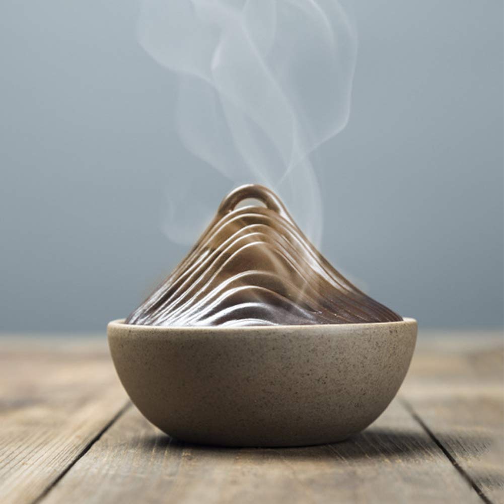 HIGHAWK Ceramic Incense Burner, Buddhist Altar Accessories, Spiral Incense Holder, Incense Cone Shape, Round Incense Burner with Lid, Mountain Peak