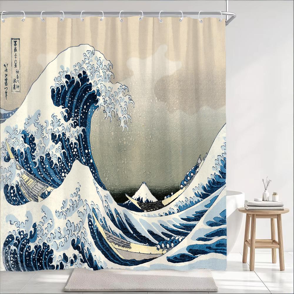 Japanese Wave Mount Fuji Plum Blossom Flower Printied Shower Curtain Waterproof Polyester Fabric Bathroom Curtains with 12 hooks