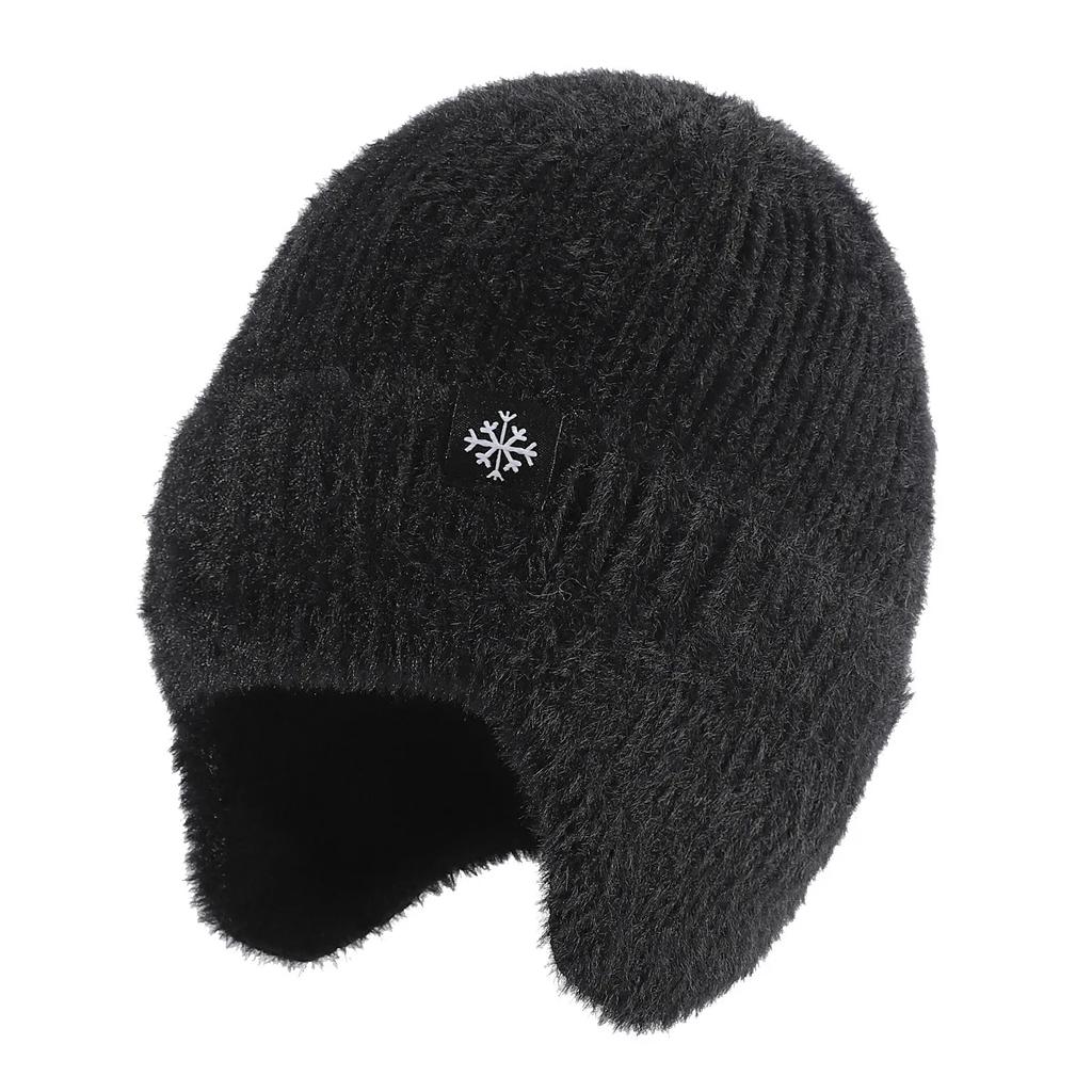 Winter Knit Earflap Beanie Soft Hat Outdoor Warm Woolen Snow Logo Plush Lined Brimmed Ski Skull Caps Blank Black Cold Hats