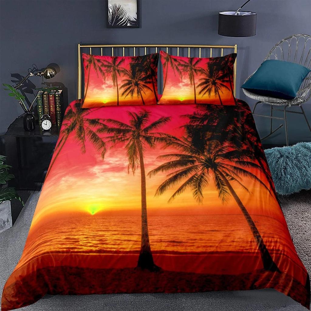 Summer Beach Duvet Cover Set Queen Ocean Bedding Set Hawaiian Palm Trees Marine Life Sea Waves Fish Printed Comforter Cover Set