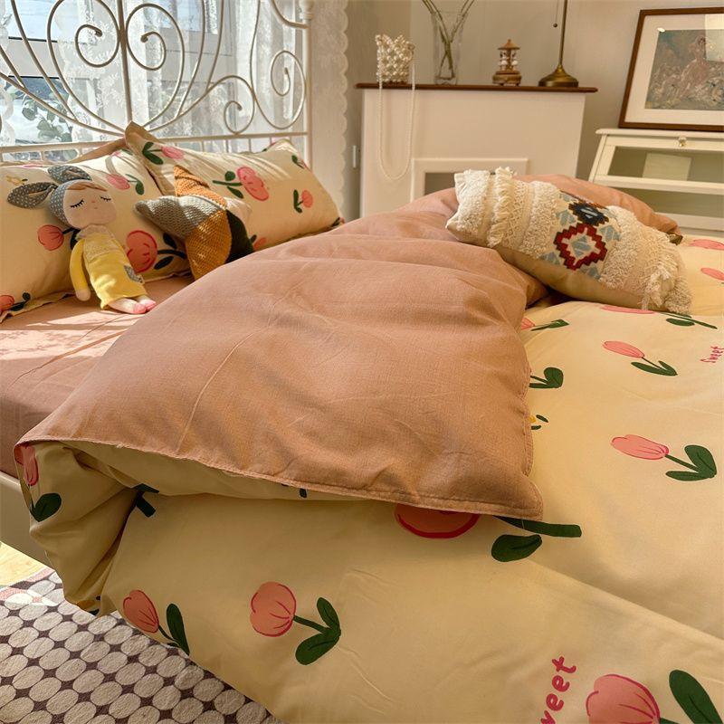 Candy House Cute Girl Heart Washed Cotton Four-piece Dormitory Single Quilt Set Three-piece Sheet Set