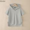 ZANZEA Damen Kapuze Einfarbig Kurzarm Reißverschluss High-Low Bluse T-Shirts