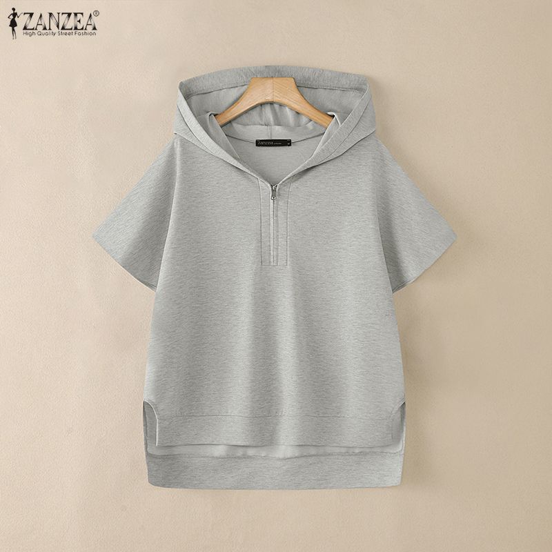 

ZANZEA Women Hooded Neck Solid Color Short Sleeve Zip-up High Low Blouse T-shirts 2XL сірий колір