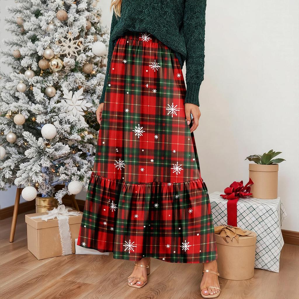 Women's Ruffled Casual Long Skirt Plaid Skirt Retro Pleated Skirt