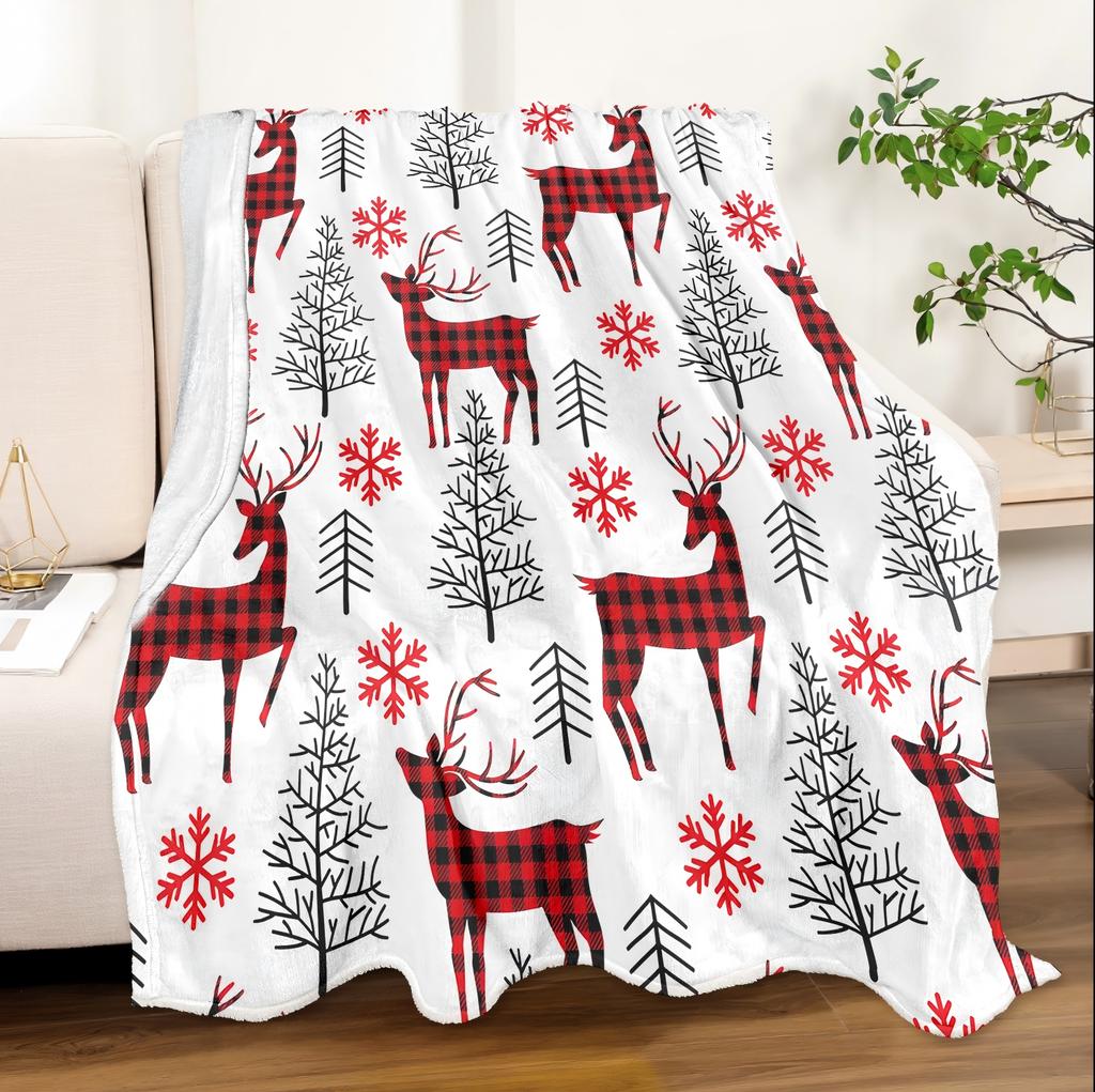 1PC Throw Christmas Reindeer Red Plaid Flannel Blanket Xmas Holiday Throw Soft Warm Festival Decor Lucky Blankets Pefect Gifts