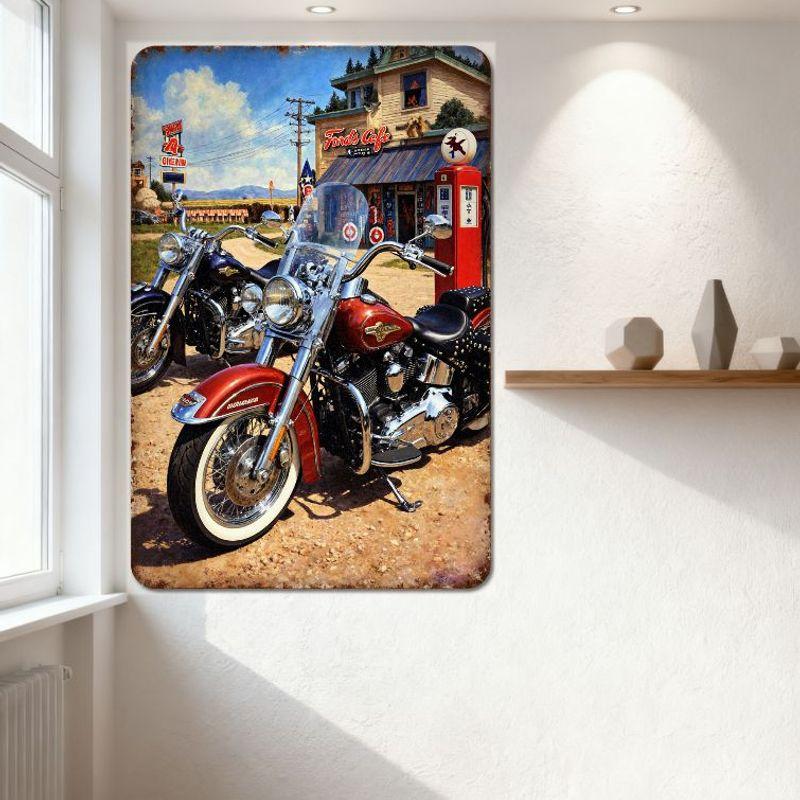 Vintage Route 66 Retro Motorräder Ford's Cafe Metallblechschild - Rustikales Roadside Americana Kunst für Bar Man Cave Diner Heimwand D