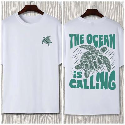 The Ocean Is Calling Turtle Printed T-Shirt Mens Loose Cotton Tee Shirts All-Match Cool Clothing Casual Soft Short SleeveRedtube