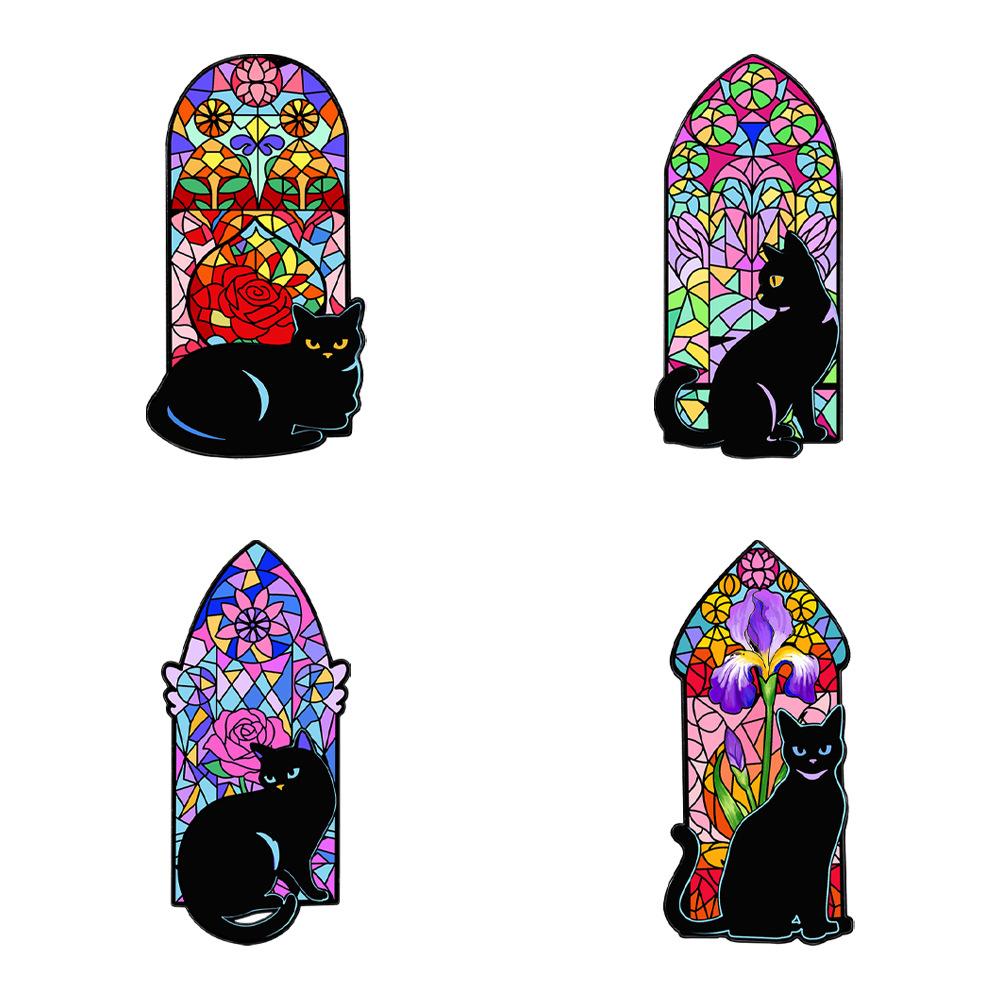 4pcs/set Cute Glass Window Black Cat Enamel Brooch Lapel Pin Colorful Patchwork Animal Badge Punk Jewelry Gift