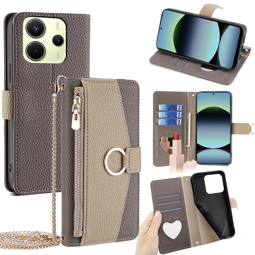 For Xiaomi Redmi Note 14 4G (163.25mm) Case Mirror Wallet Leather Phone Cover with Chain Shoulder Strap
