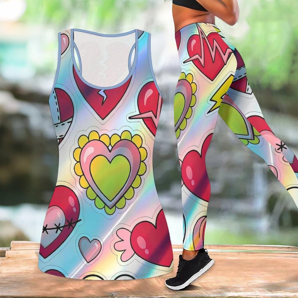 Completo Yoga Stampato con Motivo a Cuori per Donna Moda Leggings da Allenamento Fitness Sportivo Set Yoga Casual Tuta Sportiva