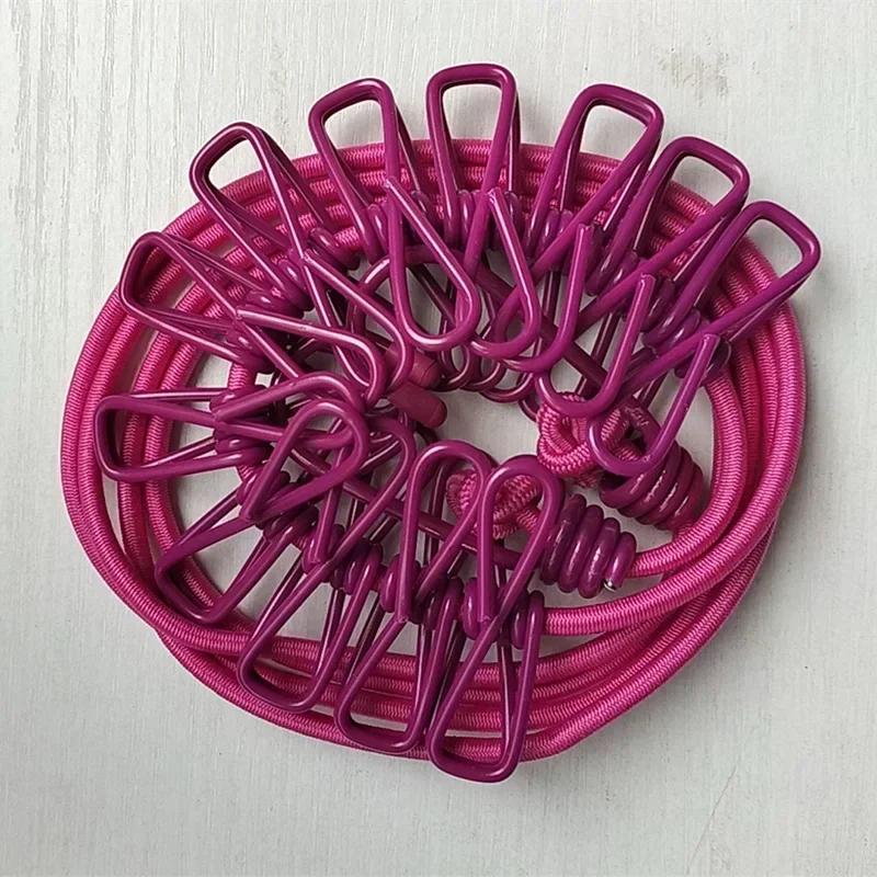 Portable Clothesline with 12 Clips Elastic Retractable Laundry Drying Rope Wind-Proof Clothes Hanging Line for Outdoor