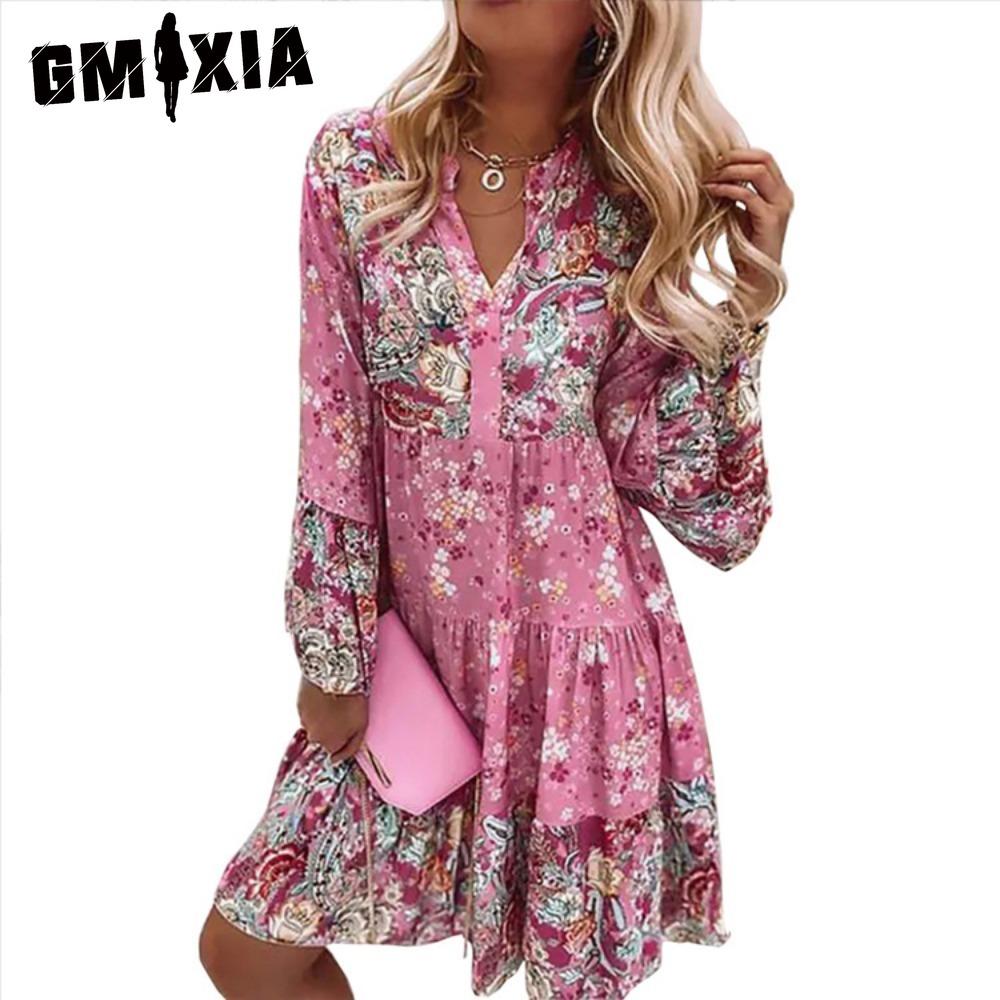 GMXIA Women Fashion Bohemian Floral Print V Neck Mini Dresses Casual Loose Elegant Ladies Beach Party Flare Sleeve Dress