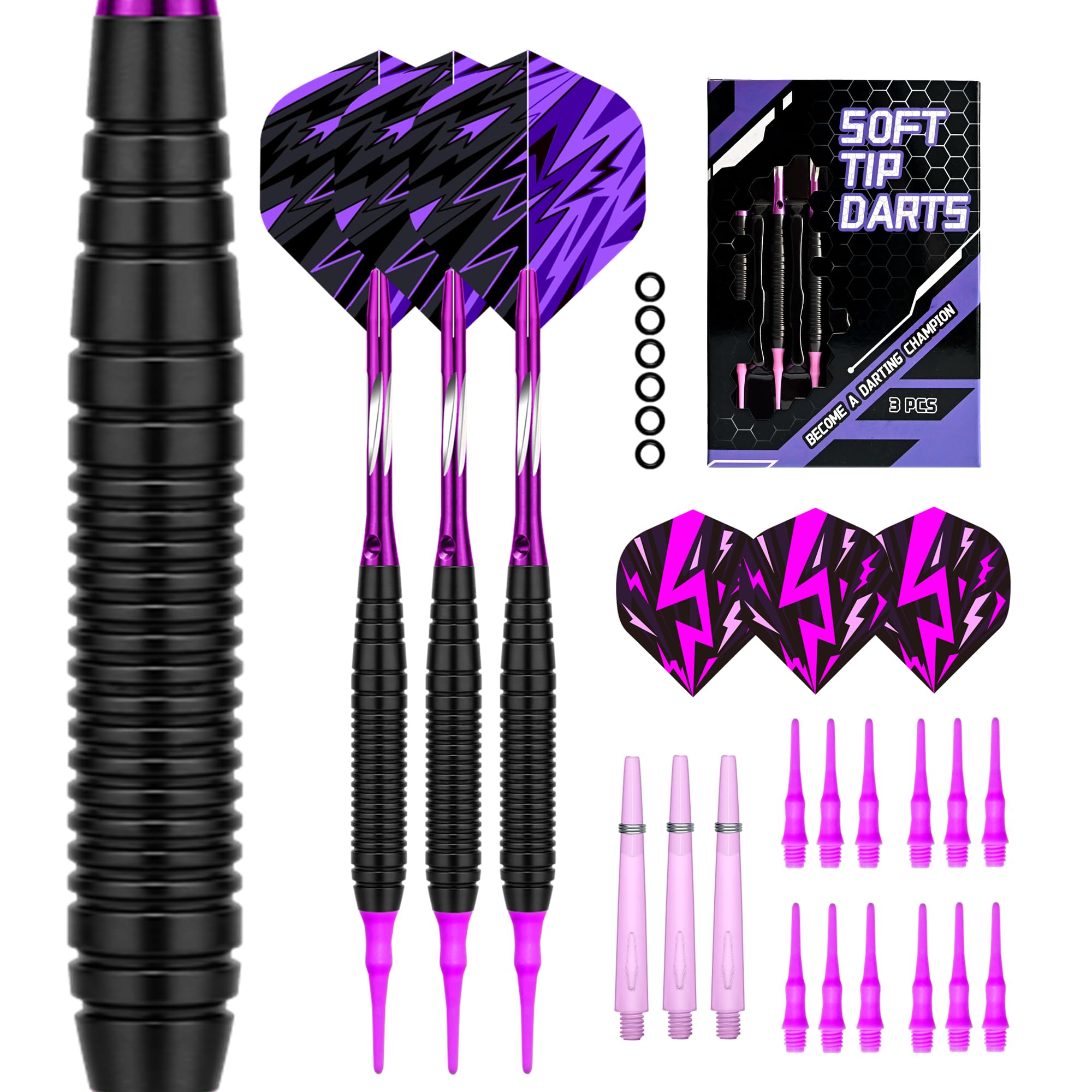 

WAY ARRIVAL 19g soft dart set, nickel alloy barrel, for beginner to intermediate players, includes 6 flights and O-rings фиолетовый