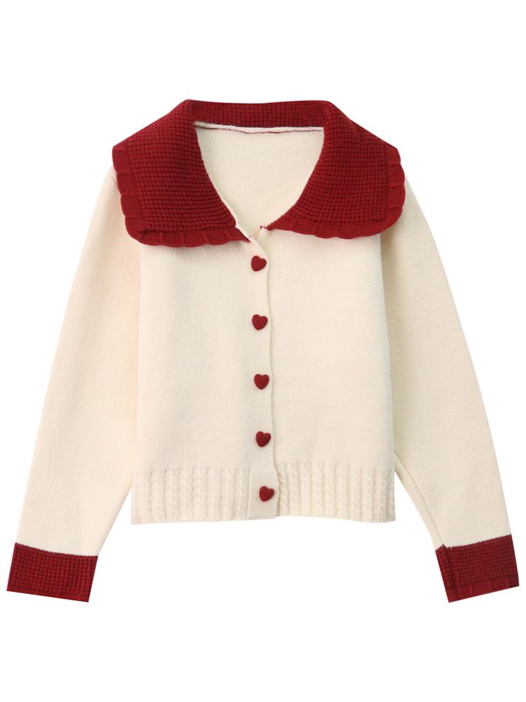 2025 Color Block Red Peter Pan Collar Knit Cardigan for Women