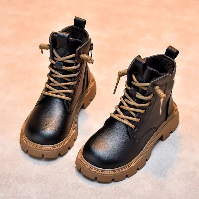 Bambini 1Stivali in pelle nera per ragazze Stivali singoli per ragazze Stivali corti per ragazzi Stivali in velluto e cotone per autunno e inverno Tide