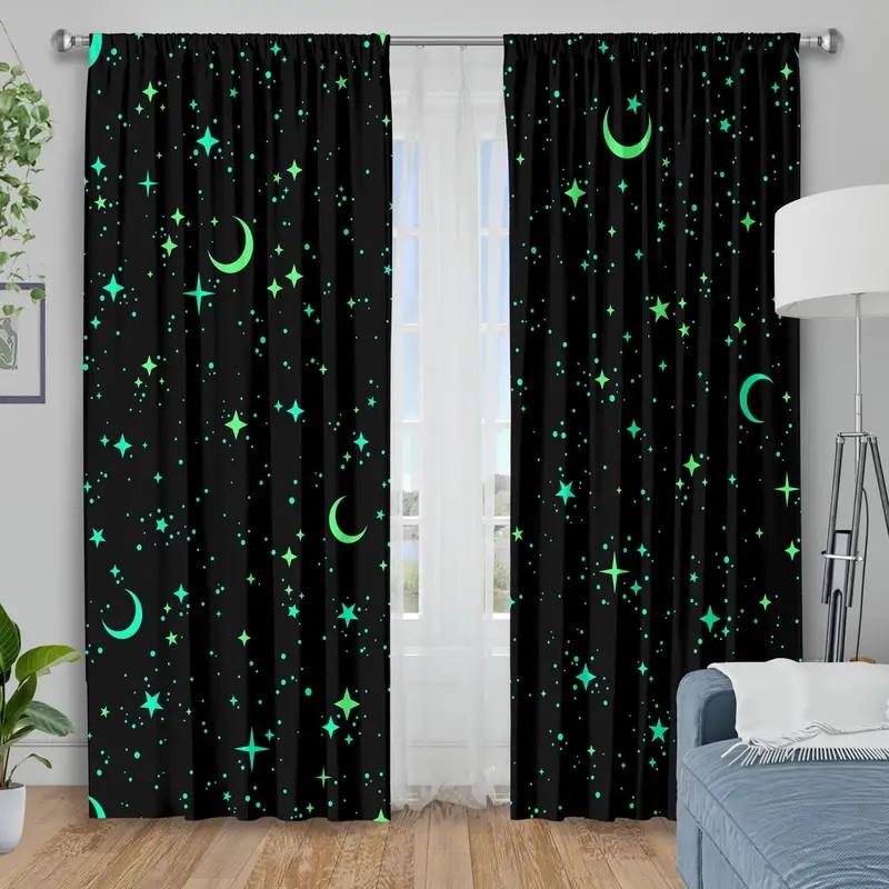 Set di 2 Tende con Motivo Luna Stellata Luminosa Poliestere Camera da Letto Soggiorno Decorazione Finestra Casa Con Passante per Asta Oscuranti Perfette per Sedersi