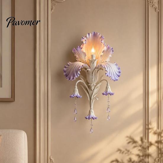 Modern Iris Petal Lamp Bloom Wall Sconce, Vintage Floral Light with Faux Crystal Sconce Drops, Romantic Purple Ambient for Bedroom Living Room