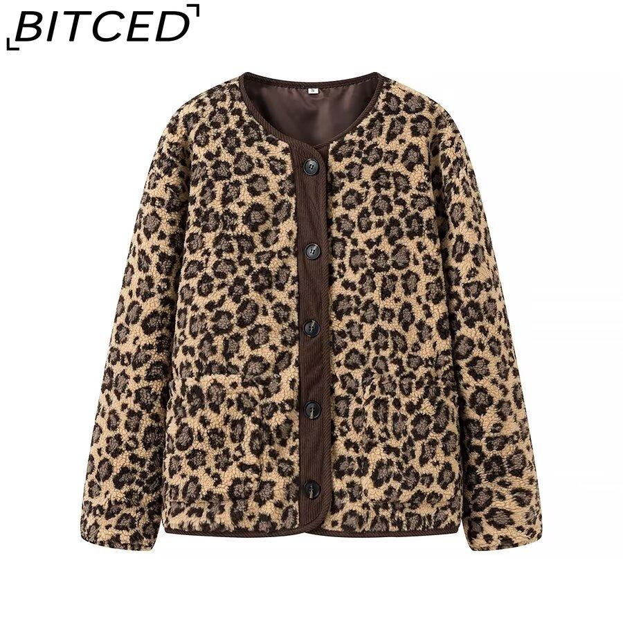 BITCED Women's Autumn Button-Front Fashion Leopard Print Oversized Shearling Coat