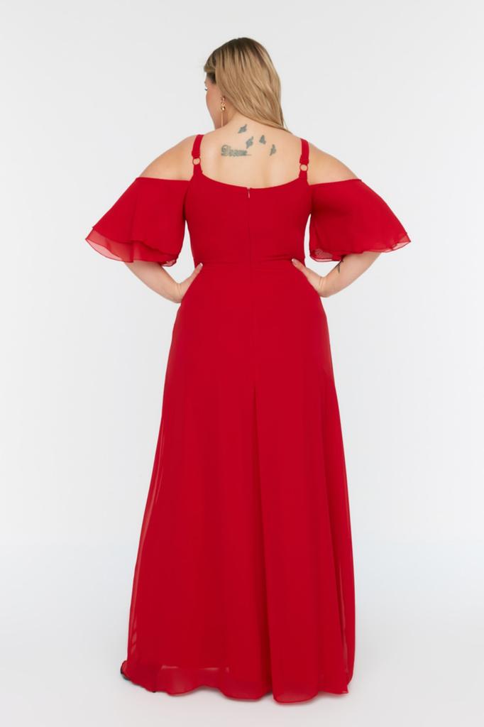 Moda damska Nowa sukienka w dużych rozmiarach, czerwona, tkana, z podwójnym kołnierzem, szyfonowa suknia wieczorowa