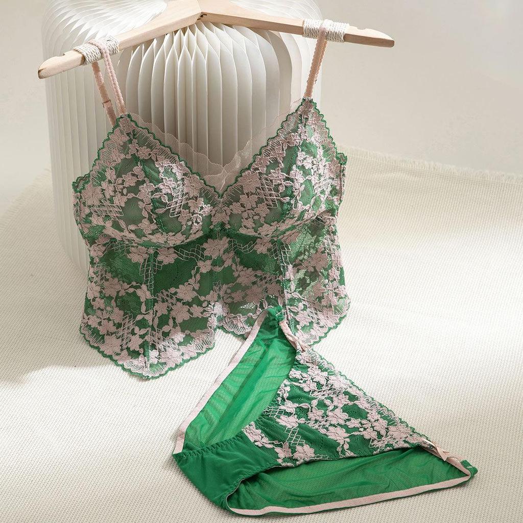 French Pure Desire Floral Lace Spaghetti Strap Triangle Cup Lingerie Set - Invisible Back Buckle Bra & Beautiful Back Design