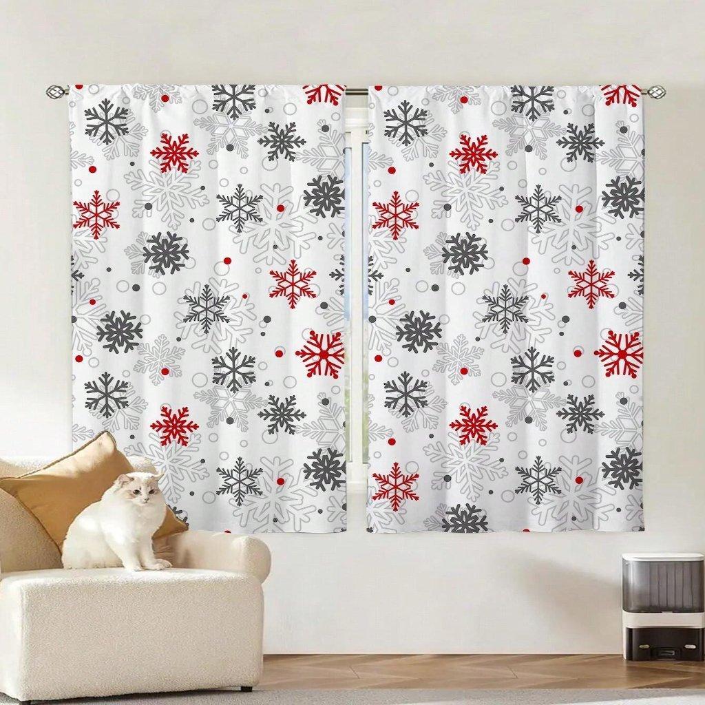 2pcs Red Christmas Digital Print Curtain, 100% Polyester Semi-shading Curtain For Bedroom, Living Room & Home Decor