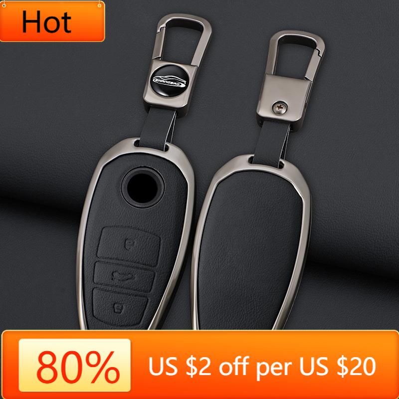 Interior Mouldings Zinc Alloy Leather Car Key Cover Fob Case Holder For VW Volkswagen Touareg 2011 2012 2013 2014 2015 2016 2017