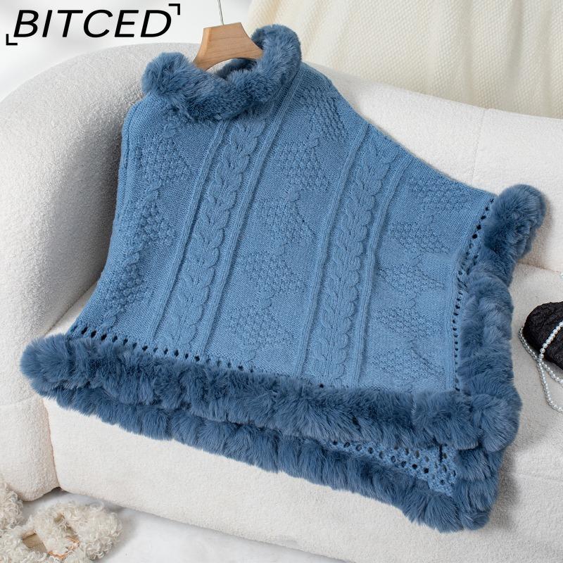 BITCED Oversized Fall/Winter Warm Faux Rabbit Fur Collar Cape Chunky Cable Knit Sweater Jacket