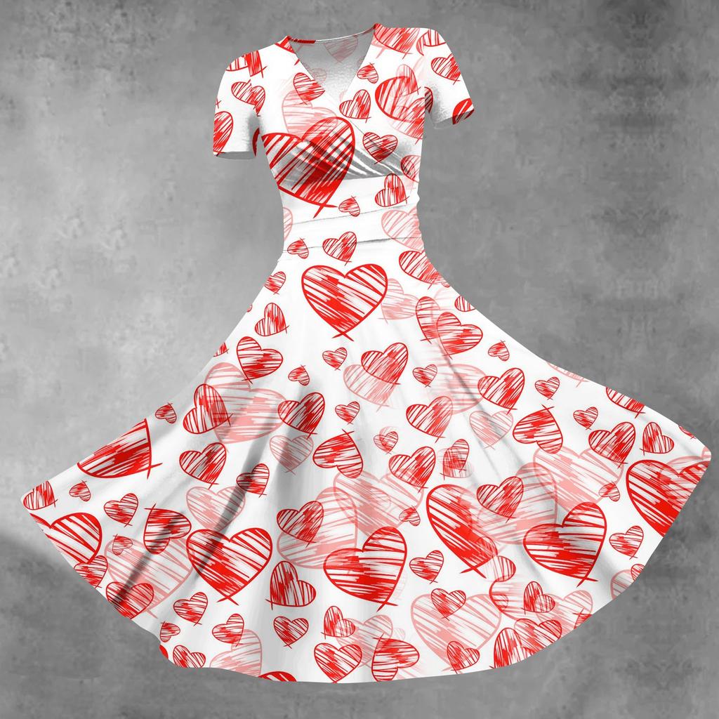 Women's Princess Dress Sexy V-neck Valentine's Day Print Waist Pull Pleated Short Sleeve Dress