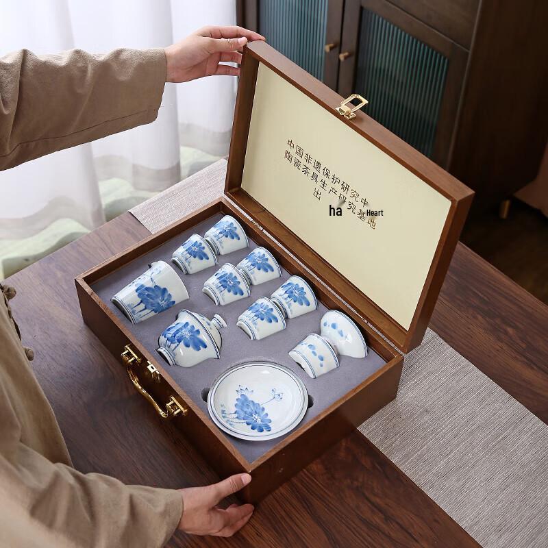 Jingdezhen Hand-painted Blue & White Ceramic Lotus Kung Fu Tea Set