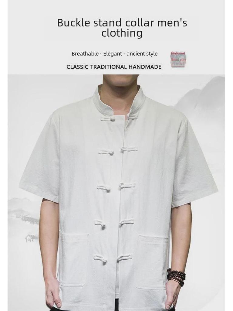 Men's Chinese-Style Linen Short-Sleeve Shirt, Summer Loose Fit, Stand-Up Collar